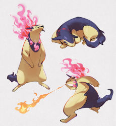 Rule 34 | absurdres, breath weapon, breathing fire, closed mouth, commentary request, creatures (company), fire, game freak, half-closed eyes, highres, hisuian typhlosion, jody tseng, lying, nintendo, no humans, orange eyes, pink fire, pokemon, pokemon (creature), smile, spoilers, standing
