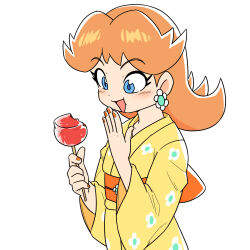 1girl blue_eyes brown_hair candy_apple earrings eating flower_earrings food food_in_mouth highres japanese_clothes jewelry junnosu kimono long_hair mario_(series) nintendo open_mouth princess_daisy simple_background white_background yukata