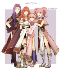 Rule 34 | 4girls, armor, bad id, bad twitter id, cape, celica (fire emblem), cloak, curly hair, fire emblem, fire emblem echoes: shadows of valentia, fire emblem gaiden, genny (fire emblem), gloves, highres, kyou (ningiou), looking at viewer, mae (fire emblem), multiple girls, nintendo, pink hair, purple hair, red hair, simple background, smile, sonya (fire emblem gaiden), thighhighs, twintails