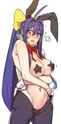 Rule 34 | 1girl, animal ears, bad id, bad twitter id, blazblue, blue hair, blush, breasts, fake animal ears, high ponytail, highres, large breasts, long hair, mai natsume, meme attire, navel, pasties, rabbit ears, red eyes, reverse bunnysuit, reverse outfit, ribbon, roas01b, sleeve cuffs, solo, very long hair, wavy mouth