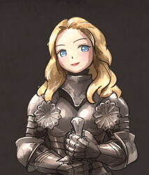 Rule 34 | 1girl, armor, blonde hair, blue eyes, breastplate, closed mouth, commentary, english commentary, full armor, gauntlets, holding, holding weapon, ironlily, looking at viewer, medium hair, photo-referenced, plate armor, real life, shoulder armor, solo, upper body, weapon
