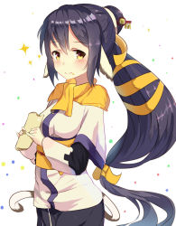 Rule 34 | 10s, 1girl, animal ears, black hair, blush, color1087, eating, food, highres, japanese clothes, kuon (utawarerumono), long hair, low-tied long hair, smile, solo, sparkle, tail, traditional clothes, utawarerumono, utawarerumono: itsuwari no kamen, very long hair, white background, yellow eyes