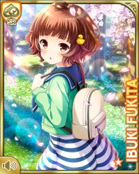 Rule 34 | 1girl, :o, backpack, bag, bird, brown eyes, brown hair, card, character name, day, dress, duck, forest, fukita ibuki, girlfriend (kari), green jacket, hair ornament, hairclip, holding, jacket, nature, official art, open mouth, outdoors, qp:flapper, short hair, smile, striped clothes, striped dress, white dress