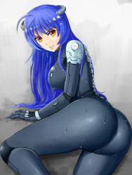 Rule 34 | 1girl, ahoge, angry, armor, ass, blue hair, bodysuit, breasts, clenched teeth, gloves, headgear, highres, large breasts, long hair, looking at viewer, lying, on side, pauldrons, pazuzu438, shiny clothes, shoulder armor, sideboob, skin tight, solo, teeth, very long hair, yellow eyes