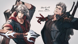 Rule 34 | 1boy, bad id, bad twitter id, blue coat, blue eyes, character name, coat, collarbone, copyright name, devil may cry, devil may cry (series), devil may cry 4, devil may cry 5, fingernails, grey hair, hair between eyes, highres, holding, holding sword, holding weapon, hood, hood down, hoodie, male focus, mechanical arms, nero (devil may cry), open clothes, open coat, parted lips, reckless dog, red hoodie, sharp fingernails, signature, single mechanical arm, sleeves rolled up, smile, sword, teeth, twitter username, upper teeth only, weapon, weapon on back, zipper, zipper pull tab