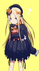 Rule 34 | 1girl, abigail williams (fate), absurdres, black bow, black dress, black hat, blonde hair, bloomers, blue eyes, bow, bug, butterfly, closed mouth, commentary request, dress, fate/grand order, fate (series), forehead, hair bow, hat, highres, hugging object, insect, long hair, long sleeves, looking at viewer, orange bow, parted bangs, polka dot, polka dot bow, sanpeita, simple background, sleeves past fingers, sleeves past wrists, smile, solo, standing, stuffed animal, stuffed toy, teddy bear, underwear, very long hair, white bloomers, yellow background