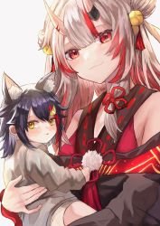Rule 34 | 2girls, aged down, animal ears, bad id, bad twitter id, bell, black hair, blush, child, commentary request, double bun, gradient hair, hair bell, hair between eyes, hair bun, hair ornament, hairclip, highres, holding, hololive, horns, long hair, looking at viewer, multicolored hair, multiple girls, nakiri ayame, nakiri ayame (1st costume), ookami mio, red hair, short hair, sidelocks, simple background, skin-covered horns, smile, two-tone hair, virtual youtuber, white background, white hair, wolf ears, wolf girl, yoshimura feat.yoshimura