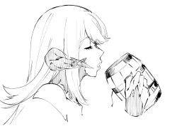 Rule 34 | 1girl, au ra, warrior of light (ff14), beer mug, cup, closed eyes, final fantasy, final fantasy xiv, from side, greyscale, holding, holding cup, horns, ishii hisao, long hair, monochrome, mug, parted lips, portrait, scales, simple background, solo, white background