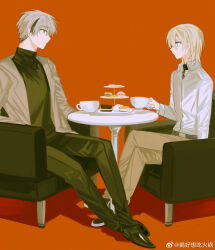 Rule 34 | 2boys, absurdres, arm at side, armchair, belt, black collar, black footwear, black hair, black pants, blonde hair, brown eyes, chair, chinese commentary, coffee mug, collar, cookie, crossed legs, cup, food, green eyes, grey hair, highres, holding, holding cup, jacket, long sleeves, looking at another, macaron, male focus, mug, multicolored hair, multiple boys, orange background, original, pants, profile, rexxxlord, shadow, shirt, shoes, short hair, simple background, sitting, streaked hair, table, tiered tray, weibo logo, weibo watermark, white shirt