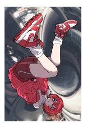 Rule 34 | 1girl, absurdres, ange katrina, blue eyes, blush, commentary, finger to mouth, hair intakes, highres, jacket, looking at viewer, lozi, nijisanji, nike (company), nike dunk, off shoulder, red footwear, red hair, red jacket, red shorts, shirt, shoes, short hair, shorts, shushing, sleeveless, sleeveless shirt, smile, sneakers, solo, streetwear, two-tone footwear, upside-down, virtual youtuber, white footwear, white shirt