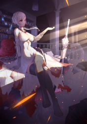 Rule 34 | 1girl, asymmetrical hair, black thighhighs, blue eyes, breasts, closed mouth, covered navel, crossed legs, dress, flower, gloves, grey gloves, hand up, highres, indoors, large breasts, light rays, light smile, liu lan, looking to the side, planted, planted sword, planted weapon, red flower, red rose, rose, short hair with long locks, sidelocks, silver hair, sinoalice, sitting, snow white (sinoalice), solo, swept bangs, sword, thighhighs, weapon, white dress