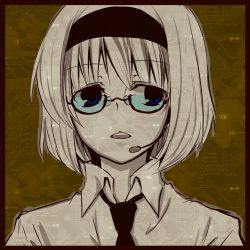 Rule 34 | 1girl, alice margatroid, bad id, bad pixiv id, bespectacled, blue eyes, female focus, glasses, grey hair, headset, highres, microphone, monochrome, necktie, short hair, solo, spot color, touhou, yjy