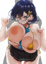 Rule 34 | 1boy, 1girl, 96nokimihito, absurdres, bent over, between breasts, bikini, black skirt, blue archive, blue hair, blue necktie, blush, breasts, rabbit hair ornament, chihiro (blue archive), clenched teeth, commission, glasses, green eyes, hair between eyes, hair ornament, highres, implied sex, large breasts, micro bikini, necktie, necktie between breasts, one breast out, one eye closed, semi-rimless eyewear, sex, sex from behind, side-tie bikini bottom, simple background, skeb commission, skirt, solo focus, swimsuit, teeth, white background, yellow bikini