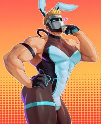 Rule 34 | 1boy, alternate costume, animal ears, aqua leotard, artificial eye, ass, bara, bare arms, black pantyhose, blonde hair, blush, bulge, crossdressing, feet out of frame, head tilt, highres, indie virtual youtuber, large pectorals, limp wrist, male focus, male playboy bunny, mask, masked himbo (silvyspark), muscular, muscular male, one eye closed, pantyhose, pectorals, rabbit ears, rekkinj, second-party source, short hair, sidepec, solo, standing, thick thighs, thighs, virtual youtuber, wink heart