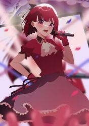 Rule 34 | 1girl, absurdres, arima kana, ascot, audience, blunt bangs, blurry, blurry foreground, blush, bob cut, collared shirt, commentary, cowboy shot, english commentary, floating hair, frilled gloves, frilled skirt, frills, gloves, glowstick, hand on own hip, hat, highres, holding, holding microphone, idol, idol clothes, inverted bob, looking at viewer, microphone, mini hat, mon monn, motion blur, open mouth, oshi no ko, pink gloves, puffy short sleeves, puffy sleeves, purple skirt, red brooch, red eyes, red hair, red shirt, red thighhighs, screen zoom, shirt, short sleeves, skirt, solo, teeth, thighhighs, upper teeth only, white ascot, zettai ryouiki