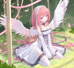 Rule 34 | 1girl, absurdres, azur lane, bare shoulders, breasts, bush, chinese commentary, cleavage, closed mouth, commentary, detached sleeves, dress, english commentary, expressionless, falling petals, feathered wings, frilled hairband, frills, grass, grey hairband, hair spread out, hairband, highres, large breasts, long hair, looking at viewer, mixed-language commentary, nicknameokupied, outdoors, pantyhose, perseus (azur lane), petals, pink eyes, pink hair, sitting, very long hair, white dress, white pantyhose, white sleeves, white wings, wings