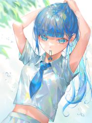 Rule 34 | 1girl, absurdres, arms up, blue eyes, blue hair, blue necktie, blue theme, blunt bangs, blurry, blurry foreground, grey skirt, highres, kinakomocci518, long hair, mole, mole on arm, mole under eye, mouth hold, navel, necktie, original, plant, ponytail, skirt, solo, teeth hold, tying hair, water, water drop