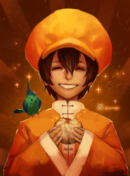 Rule 34 | 1boy, bao (kof), baozi, bird, brown hair, child, chinese clothes, closed eyes, eating, food, hat, highres, male focus, orange theme, short hair, smile, snk, solo, the king of fighters, xiaoguimist