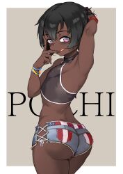 Rule 34 | 1boy, :p, absurdres, arm up, armpits, ass, black hair, blush, character name, cutoffs, dark-skinned male, dark skin, english text, gluteal fold, halterneck, highres, jairou, licking lips, looking at viewer, looking back, male focus, original, pochi (jairou), short hair, short shorts, shorts, side-tie shorts, smile, solo, tongue, tongue out, trap