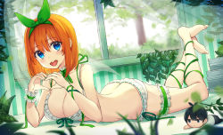 Rule 34 | 1girl, ass, barefoot, blue eyes, blush, bra, breasts, bridal garter, butt crack, character doll, cleavage, collarbone, day, detached collar, go-toubun no hanayome, green ribbon, hair between eyes, hair ribbon, heart, heart hands, indoors, large breasts, leg ribbon, lingerie, looking at viewer, lying, nakano yotsuba, on stomach, open mouth, orange hair, panties, plant, rangu, ribbon, short hair, single wrist cuff, smile, solo, teeth, the pose, tree, uesugi fuutarou, underwear, underwear only, upper teeth only, white bra, white panties, window, wrist cuffs, wrist ribbon
