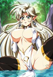 Rule 34 | 1girl, absurdres, black thighhighs, blonde hair, blush, breasts, covered erect nipples, danmakuman, detached sleeves, earrings, elf, green eyes, highres, jewelry, large breasts, long hair, open mouth, original, pointy ears, river, signature, solo, spread legs, thighhighs, water