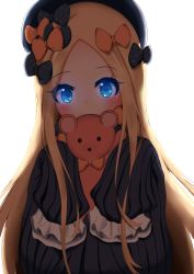 Rule 34 | 1girl, abigail williams (fate), bad id, bad pixiv id, black bow, black dress, black hat, blonde hair, blue eyes, blush, bow, commentary request, covered mouth, dress, fate/grand order, fate (series), forehead, glowing, glowing eyes, hair bow, hat, highres, holding, holding stuffed toy, long hair, long sleeves, looking at viewer, orange bow, parted bangs, peru (perushee), polka dot, polka dot bow, simple background, sleeves past fingers, sleeves past wrists, solo, stuffed animal, stuffed toy, teddy bear, very long hair, white background