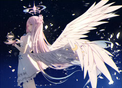 Rule 34 | 1girl, absurdres, blue archive, breasts, brown eyes, commentary request, crescent, dress, feathered wings, flower, frilled dress, frills, hair bun, hair flower, hair ornament, halo, hands up, highres, long hair, medium breasts, mika (blue archive), night, night sky, pink hair, profile, purple flower, purple scrunchie, re:rin, scrunchie, short sleeves, single side bun, sky, solo, star (sky), starry sky, very long hair, white dress, white wings, wide sleeves, wings, wrist scrunchie