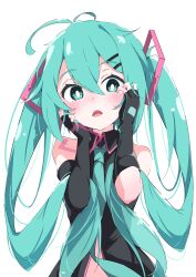 Rule 34 | 1girl, absurdres, ahoge, aqua eyes, aqua hair, aqua necktie, bare shoulders, black gloves, black shirt, blush, commentary, elbow gloves, fingerless gloves, gloves, hair between eyes, hair ornament, hairclip, hands on own face, hands up, hatsune miku, highres, long hair, looking at viewer, necktie, nose blush, open mouth, shirt, simple background, sleeveless, sleeveless shirt, solo, spice mega, twintails, very long hair, vocaloid, white background