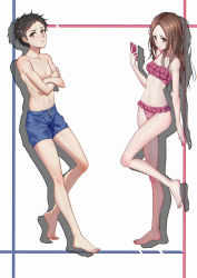 Rule 34 | 10s, 1boy, 1girl, absurdres, aged up, bare arms, bare legs, bare shoulders, barefoot, bikini, black hair, blue male swimwear, blue swim trunks, blush, breasts, brown eyes, brown hair, cellphone, cleavage, closed mouth, clothes lift, collarbone, crossed arms, drawstring, ears through headwear, expressionless, frilled bikini, frills, from behind, full body, highres, holding, holding phone, karakai jouzu no takagi-san, layered bikini, leaning, leg up, lips, long hair, looking at viewer, looking to the side, male swimwear, meng xi ds, navel, nishikata, phone, pink bikini, shirt lift, small breasts, smartphone, standing, standing on one leg, stomach, swim trunks, swimsuit, takagi-san, toes, white background
