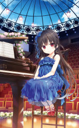 Rule 34 | 1girl, auditorium, bare shoulders, black hair, blue bow, blue dress, blue ribbon, blue sky, blunt bangs, blush, bobby socks, bow, brown hair, chair, cloud, collarbone, crescent, crescent earrings, crown, cura, dress, duplicate, earrings, flower, frilled socks, frills, full body, gloves, grand piano, hachiroku (maitetsu), hair bow, hair ribbon, hands on lap, highres, indoors, instrument, jewelry, leaf, long hair, looking at viewer, maitetsu, mini crown, own hands together, piano, pixel-perfect duplicate, plant, red eyes, red footwear, ribbon, rose, sash, see-through, sheet music, shoes, sitting, sky, smile, socks, solo, stage, very long hair, white flower, white gloves, white rose, white socks, wooden floor