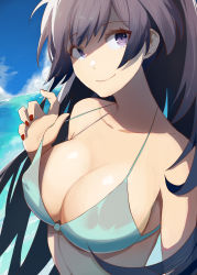 Rule 34 | 1girl, bare shoulders, bikini, black hair, blue bikini, blue sky, breasts, cleavage, cloud, cloudy sky, collarbone, commentary, day, english commentary, highres, honkai (series), honkai impact 3rd, horizon, large breasts, long hair, looking at viewer, nail polish, outdoors, purple eyes, raiden mei, sky, smile, solo, swimsuit, translucent hair, upper body, very long hair, vic (vedream)
