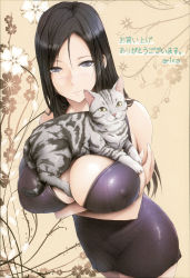 Rule 34 | 1girl, absurdres, animal, bare shoulders, black eyes, black hair, blush, breast hold, breasts, cat, cleavage, crossed arms, curvy, dress, covered erect nipples, flower, highres, huge breasts, legs, long hair, looking at viewer, navel, orico, original, see-through, simple background, standing, tail, thighs, translation request