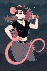 Rule 34 | 1girl, animal ears, artist logo, baseball bat, belt, blue choker, choker, commentary, commission, cowboy shot, crop top, cropped shirt, english commentary, expressionless, flower, furry, furry female, grey pants, hand on own hip, highres, holding, holding baseball bat, looking at viewer, medallion, midriff, morguerat2, mouse girl, original, pants, sky, solo, star (sky), starry sky, tail