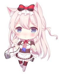 Rule 34 | 1girl, :&lt;, american flag, american flag print, animal ears, apron, azur lane, bad id, bad pixiv id, black dress, black thighhighs, blue eyes, blush, bow, cannon, cat ears, chibi, clenched hands, closed mouth, commentary request, dress, flag print, full body, grey footwear, hair between eyes, hair bow, hammann (azur lane), kyuujou komachi, light brown hair, long hair, looking at viewer, nose blush, one side up, print neckwear, red bow, short sleeves, sidelocks, simple background, solo, standing, standing on one leg, striped, striped bow, thighhighs, torpedo, turret, very long hair, waist apron, white apron, white background, wrist cuffs