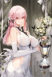 Rule 34 | 1girl, bare shoulders, bouquet, breasts, closed mouth, covered navel, detached sleeves, dress, flower, from side, hair ornament, highres, hip vent, holding, jewelry, kim eb, large breasts, long hair, long sleeves, looking at viewer, looking to the side, mole, mole on breast, nail polish, original, pink hair, red eyes, ring, white dress, white nails, white sleeves
