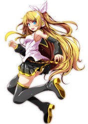 Rule 34 | aged up, alternate hair length, alternate hairstyle, blonde hair, blue eyes, boots, from side, future style (module), gold trim, hair between eyes, hair ornament, hairclip, headset, high heel boots, high heels, highres, kagamine rin, long hair, nail polish, open mouth, project diva (series), sailor collar, shoe soles, simple background, solo, tagme, thighhighs, tsukishiro saika, very long hair, vocaloid, white background, yellow nails