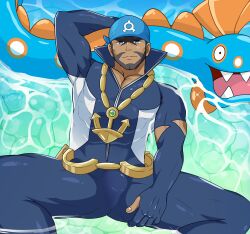 Rule 34 | 1boy, absurdres, anchor necklace, archie (pokemon), arm up, armpits, bandana, bara, beard, black eyes, blue bandana, blue bodysuit, bodysuit, brown hair, bulge, chain belt, commentary, creatures (company), dark-skinned male, dark skin, diving suit, english commentary, facial hair, feet out of frame, game freak, gen 3 pokemon, highres, huntail, jewelry, large pectorals, lying, male focus, mature male, muscular, muscular male, navel, necklace, nintendo, on back, paid reward available, partially submerged, pectoral cleavage, pectorals, pokemon, pokemon (creature), pokemon oras, short hair, solo focus, somindul, spread legs, thick thighs, thighs, torn bodysuit, torn clothes, wetsuit