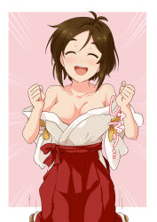 Rule 34 | 1girl, ^ ^, ahoge, antenna hair, bare shoulders, breasts, brown hair, cleavage, closed eyes, collarbone, convenient censoring, domyoji karin, emphasis lines, facing viewer, hakama, hakama skirt, happy, idolmaster, idolmaster cinderella girls, japanese clothes, jumping, medium breasts, miko, no bra, open clothes, open mouth, outside border, pink background, red hakama, short hair, simple background, skirt, smile, solo, sound effects, speed lines, susutaketakumi, two-tone background, wardrobe malfunction, white background