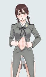 Rule 34 | 1girl, abs, absurdres, bare legs, blush, brown eyes, brown hair, collared shirt, embarrassed, gertrud barkhorn, highres, military, military uniform, nigatsu (fevrali), no pants, open clothes, open mouth, open shirt, panties, ribbon, shirt, solo, sports bra, strike witches, sweatdrop, toned, twintails, underwear, uniform, white panties, world witches series