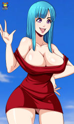 Rule 34 | 1girl, absurdres, bare arms, bare shoulders, blue hair, blush, breasts, cleavage, cloud, curvy, dragon ball, dragonball z, dress, female focus, highres, hip focus, kyoffie, large breasts, maron (dragon ball), open mouth, outdoors, purple eyes, red dress, sky, smile, solo, standing, teeth, thick thighs, thighs, tongue, wide hips