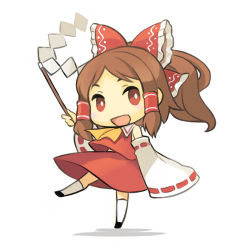 Rule 34 | 1girl, :d, bad id, bad pixiv id, bow, brown hair, chibi, dancing, detached sleeves, face, female focus, gohei, hair bow, hakurei reimu, japanese clothes, lowres, miko, minoa (lastswallow), open mouth, red eyes, simple background, smile, solo, touhou