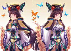 Rule 34 | 1girl, :o, asle, belt, black hair, breasts, bug, butterfly, butterfly wings, capelet, chinese clothes, dan fei, dual persona, flower ornament, frilled sleeves, frills, hat, insect, insect wings, long hair, long sleeves, purple eyes, red eyes, simple background, smile, thunderbolt fantasy, wide sleeves, wings