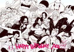 Rule 34 | 3girls, 6+boys, birthday, brothers, character name, curly dadan, dogra (one piece), edward newgate, facial hair, family, father and son, flower sword vista, gol d. roger, hat, hug, izou (one piece), jinbe (one piece), jozu (one piece), magra (one piece), makino (one piece), marco (one piece), monkey d. garp, monkey d. luffy, monochrome, multiple boys, multiple girls, mustache, oars jr, one piece, pirate, portgas d. ace, portgas d. rouge, sabo (one piece), shueisha, siblings, smile, tattoo, thatch (one piece), time paradox, top hat, topless, wachiko (m8652)