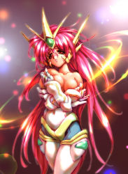 Rule 34 | 1girl, armor, banpresto, breasts, cleavage, covering privates, covering breasts, cowboy shot, hisahiko, long hair, mecha musume, medium breasts, pink hair, red eyes, solo, super robot wars, super robot wars the lord of elemental, valsione, valsione r, very long hair