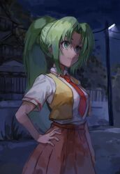 Rule 34 | 1girl, breasts, closed mouth, collared shirt, cowboy shot, fence, frown, green eyes, green hair, hair intakes, hand on own hip, high-waist skirt, highres, higurashi no naku koro ni, lamppost, long hair, medium breasts, nasubin (nasubisamurai15), necktie, night, open clothes, open vest, outdoors, pleated skirt, ponytail, red necktie, red skirt, road, school uniform, shaded face, shirt, short sleeves, sidelocks, skirt, solo, sonozaki mion, standing, street, very long hair, vest, wing collar, yellow vest