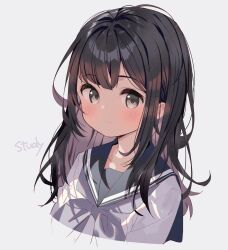 Rule 34 | 1girl, black hair, black sailor collar, blush, bow, closed mouth, cropped torso, english text, grey background, grey bow, grey eyes, highres, long hair, looking at viewer, meito (maze), multicolored hair, original, purple hair, sailor collar, school uniform, serafuku, shirt, simple background, smile, solo, two-tone hair, upper body, white shirt