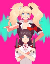 Rule 34 | 2girls, bear hair ornament, black choker, black hair, black shirt, blonde hair, blue background, blue eyes, bow, bowtie, breasts, choker, cleavage, closed mouth, collarbone, collared shirt, crossed arms, danganronpa: trigger happy havoc, danganronpa (series), enoshima junko, female focus, frown, hair ornament, hand tattoo, highres, holding, holding knife, holding weapon, ikusaba mukuro, knife, long hair, looking at viewer, multicolored background, multiple girls, neck ribbon, open mouth, pink background, pleated skirt, pointing, pointing at viewer, red bow, red ribbon, red skirt, ribbon, shirt, siblings, simple background, sisters, skirt, smile, spchlsswtnss, standing, tattoo, teeth, twins, twintails, weapon