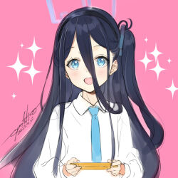 Rule 34 | 1girl, aris (blue archive), black hair, black hairband, blue archive, blue eyes, blue necktie, blush, collared shirt, commentary request, dated, hair between eyes, hairband, halo, handheld game console, highres, holding, holding handheld game console, long hair, looking at viewer, necktie, one side up, ooyari ashito, open mouth, pink background, shirt, signature, sketch, smile, solo, sparkle, straight-on, upper body, white shirt