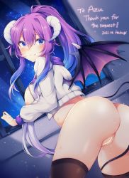 Rule 34 | 1girl, ail, ass, bent over, blue eyes, breasts, censored, demon girl, highres, inverted nipples, large breasts, no bra, no panties, original, purple hair, pussy, pussy juice, streamer, thighhighs, virtual youtuber, wings