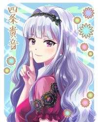Rule 34 | 1girl, blush, character name, earrings, floral background, hairband, highres, idolmaster, idolmaster (classic), idolmaster million live!, idolmaster million live! theater days, index finger raised, jewelry, long hair, nail polish, purple eyes, shijou takane, silver hair, smile, solo, tomato (kiiroitomato33)